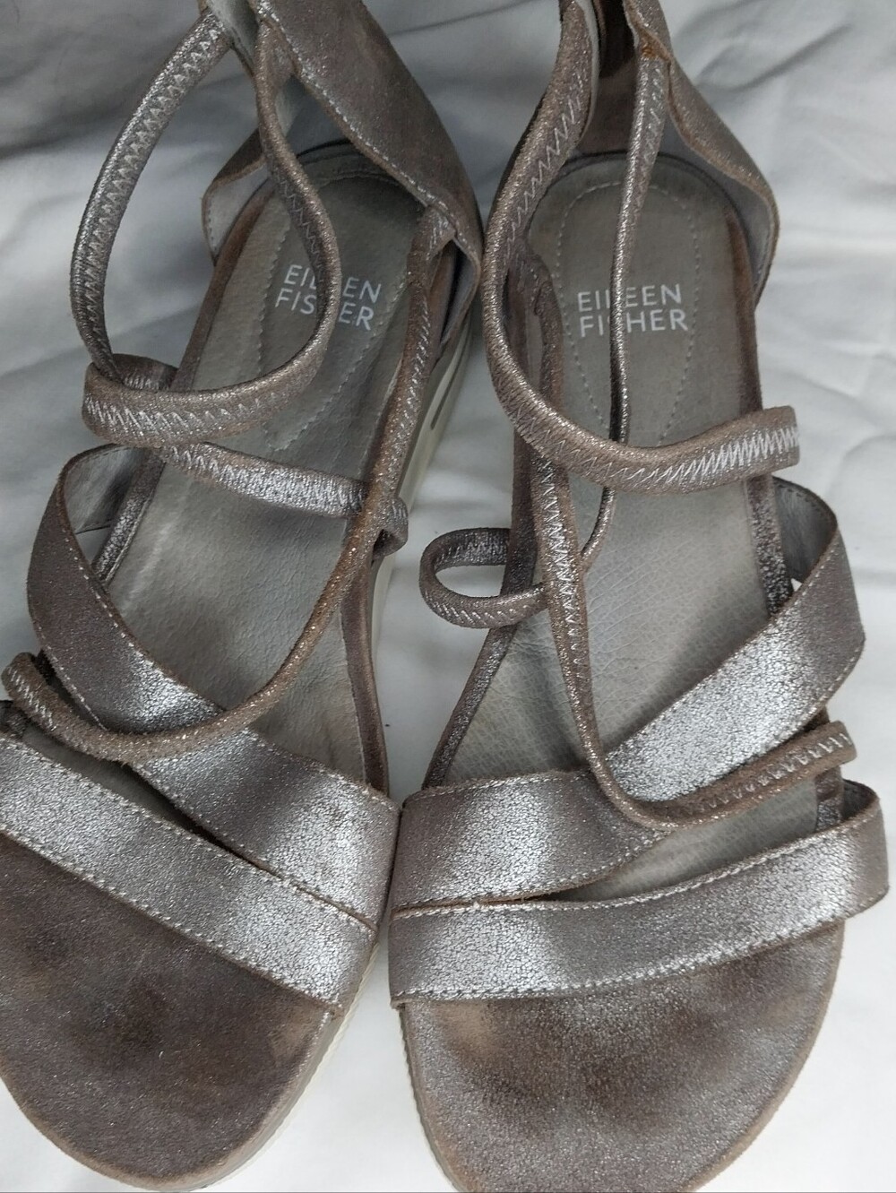 Eileen Fisher Skip Women's Metallic Silver Strappy Boho Chic Summer Sandals